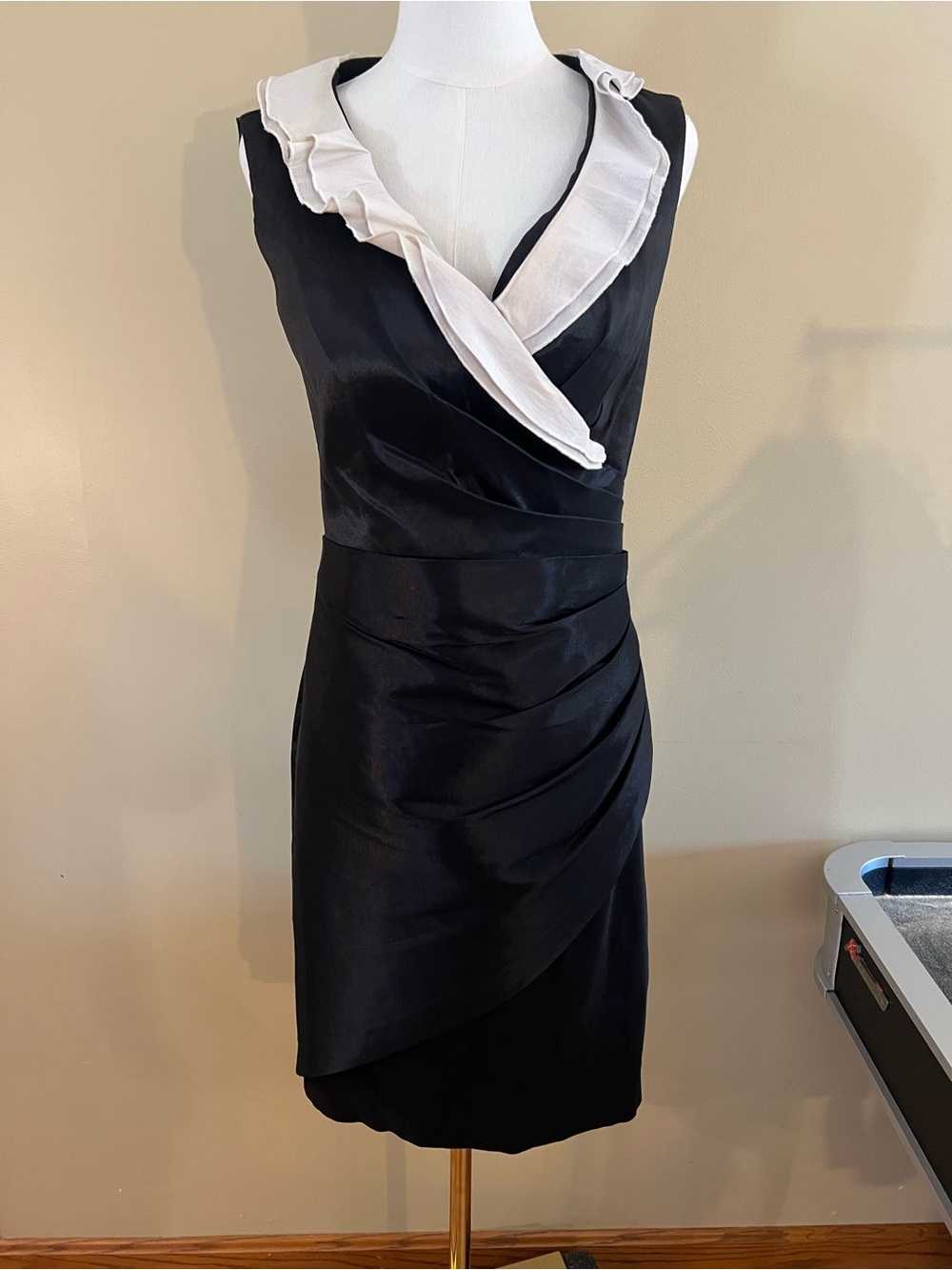 Mon Cheri Black Dress with White Ruffled V-Neck - sheen to fabric